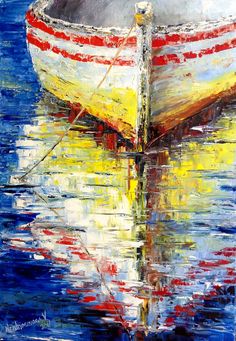 a painting of a boat in the water with reflections on it's surface and blue sky