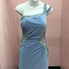 Light Blue With Gold And Iridescent Beading Sheer Side Panels With Beading On Top, With Split Some Pilling On Cups Willing To Negotiate Price, Make An Offer!! Embellished Light Blue Evening Dress For Prom, Light Blue Embellished Evening Dress For Prom, Light Blue Embellished Dress For Prom Season, Embellished Light Blue Evening Dress For Wedding, Blue Evening Dress With Rhinestones For Prom, Blue Rhinestone Evening Dress For Prom, Embellished Light Blue Sleeveless Evening Dress, Light Blue Embellished Sleeveless Evening Dress, Sleeveless Light Blue Embellished Evening Dress