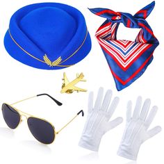 hats, gloves and sunglasses are arranged on a white background