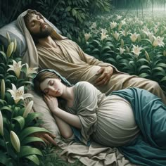 a painting of a man and woman laying in the grass with lily's around them