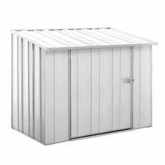 a white shed with the door open and side panels closed on it's sides