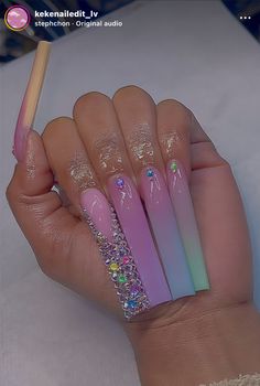 Rainbow Ombre Nails, Bday Nails, Rainbow Ombre, Diy Acrylic Nails, Nails Design With Rhinestones, Cute Acrylic Nail Designs, Dope Nail Designs, Exotic Nails, Long Acrylic Nails Coffin