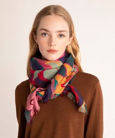 Featuring bold yet muted florals, this oversize wool scarf is perfect to add a pop of color to your outfit. Wear it around your neck, draped over your shoulders, or as a belt. Dimensions: 42 in. x 42 in.Materials: 85% Wool, 15% Silk How To Wear A Silk Scarf, Wfh Outfits, Chic Scarves, Paisley Scarves, Artsy Outfit, Scarf Outfit, Scarf Dress, Beautiful Color Combinations, Lightweight Scarf