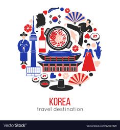 the korea travel destination is depicted in this circular design with people and symbols around it