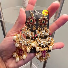 Beautiful Kundan Style Drop Earring With Pink Stones And Hint Of Green, And Pearls. Never Worn. High Quality. Kundan Earrings Jhumkas, Ear Chain, Pink Stones, Kundan Earrings, Design Your Dream House, South Asian, Drop Earring, Pink Stone, Dream House