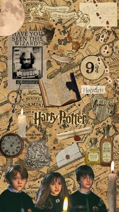 harry potter collage with hogwart's symbols and candles