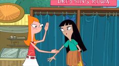 an animated image of two women talking to each other in front of a dressing room