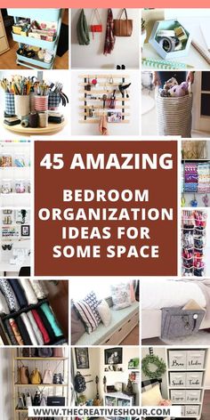 the words, 45 amazing bedroom organization ideas for some space are shown in this collage