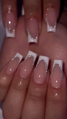 French Tip Acrylic Nails, Sparkly Nails, Pink Acrylic Nails, Homecoming Nails, Square Acrylic Nails, Birthday Nails, Prom Nails