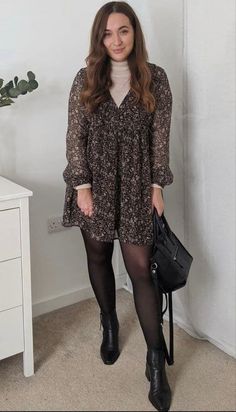 Dresses And Docs Outfit, Babydoll Dress Outfit Winter Tights, Fall Style Curvy, Outfits With Skirts Plus Size, Winter Skirt Outfit Midsize, Winter Wedding Rehearsal Outfit Guest, Cool Dress Outfits, Cute Winter Outfits Midsize, Mid Size Interview Outfit