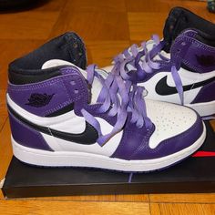 Rare Air Jordan 1 Retro High Og Gs Court Purple Size 5y Never Worn Purple Basketball Shoes With Laces For Streetwear, Sporty Custom Sneakers With Round Toe In Purple, Custom Purple Sneakers With Round Toe, Casual Purple Jordan Shoes With Round Toe, Casual Custom Purple Sneakers With Cushioned Footbed, Casual Purple Lace-up Basketball Shoes, Purple Jordan Sporty Shoes With Round Toe, Purple High-top Sneakers With Boost Midsole, Purple Sporty Jordan Shoes With Round Toe