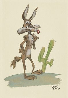 a drawing of a rabbit with an apple in its mouth next to a sagua cactus