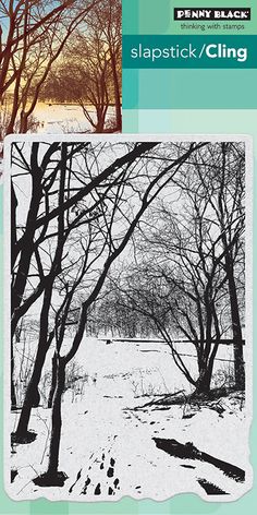 stampstock cling with trees and snow in the foreground, on a white background