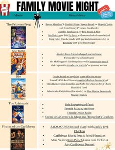 the family movie night is on display in this info sheet for kids's movies