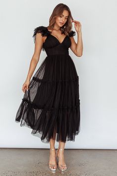 Amal Ruffle Shoulder Tulle Midi Dress Black Black Midi Bridesmaid Dress, Midi Dress Tulle, Personal Attendant, Ciaran Hinds, Tulle Midi Dress, Selfie Leslie, Satin Clutch, Fall Wedding Guest, Yellow Bridesmaids