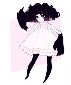 a drawing of a girl in a dress with long black hair and big eyes, standing against a pink background