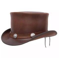 Description: Elevate your costume or everyday style with our Brown Leather Top Hat featuring a striking buffalo band. This steampunk-inspired hat combines gothic elements with rugged elegance, making it an ideal accessory for Halloween, cosplay events, or gothic gatherings. Crafted from high-quality leather, this hat is both durable and stylish, offering a unique blend of sophistication and edge. Stand out from the crowd and make a bold fashion statement with this distinctive brown leather top h Black Satin Top, Leather Top Hat, Steampunk Top, Victorian Elegance, Brown Leather Top, Steampunk Top Hat, Bold Aesthetic, Halloween Hat, Skull Hat