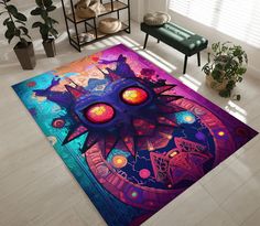 a colorful area rug with an image of the legend of zeldan on it