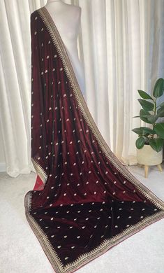 Beautiful dark red velvet shawl with heavy zari hand embroidery. Shawl has lace style zari embroidery on all four sides/border of the shawl and motive spread all over inside .  width-35 inches length-91 inches Embroidery Shawl, Indian Scarf, Shawl For Women, Embroidered Shawl, Red Shawl, Velvet Shawl, Zari Embroidery, Winter Gift, Lace Fashion