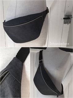 the zippers on this fanny bag can be seen in three different angles and are open