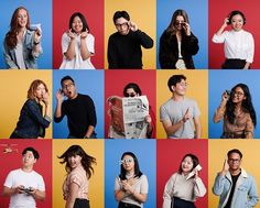 a collage of people standing in front of each other with different expressions on their faces