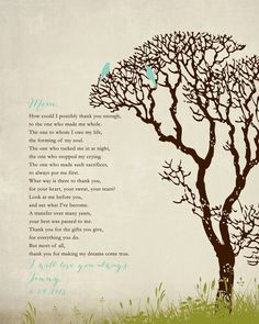 a tree with birds sitting on top of it next to a poem written in blue