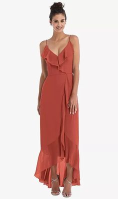 Ruffle-trimmed V-neck High Low Wrap Bridesmaid Dress In Amber Sunset | The Dessy Group Chiffon V-neck Maxi Dress For Prom, Elegant Chiffon Maxi Dress For Wedding Guest, Elegant Maxi Chiffon Dress For Wedding Guest, Elegant Maxi Length Chiffon Dress For Wedding Guest, Elegant Maxi Chiffon Dress For Prom, Elegant Chiffon Bridesmaid Maxi Dress, Chiffon Midi Dress For Prom, Elegant Maxi Length Chiffon Dress, Elegant Flowy Chiffon Bridesmaid Dress