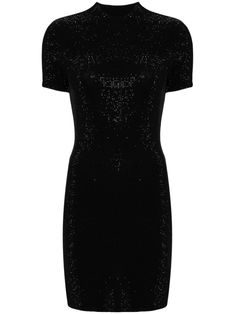 black wool blend stretch-design crystal embellishment pullover design mock neck short sleeves thigh-length straight hem Ysl Dress, Alexander Wang Dress, Wang Dress, Mock Neck Dress, Pullover Designs, Exclusive Fashion, Crystal Embellishment, Black Wool, Cocktail Dress Party