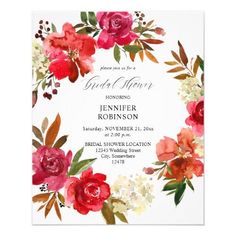 the floral wreath bridal party card is shown in red, pink and white flowers