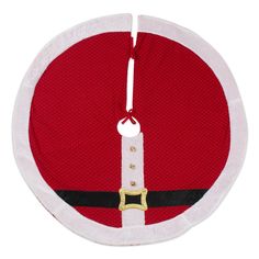 a red and white santa claus hat with gold buckles on the front, hanging from a string