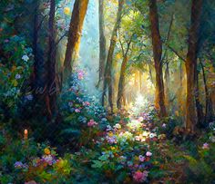 a painting of a forest with flowers and trees in the foreground, sunlight shining through the trees