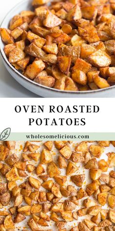 oven roasted potatoes on a white plate with text overlay