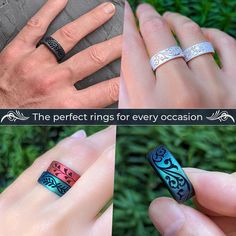 four different rings for every occasion are shown in three different pictures, one with an ornate design and the other with a floral pattern