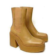 (eBay) Zara Sand Leather Crepe Heel Platform Chelsea Ankle Boots. Leather ankle boots with crepe effect rubberized heel, platform and sole. Platform: 1 3/4”. Squared toe. Heel height: 3 3/4”. Elastic detail at sides. Spring Platform Heeled Boots In Brown, Brown Ankle-high Platform Boots For Spring, Brown Platform Heeled Boots For Spring, Cream Leather Platform Boots For Fall, Brown Ankle Platform Boots For Spring, Spring Cream Leather Platform Boots, Cream Leather Platform Boots For Spring, Brown Square Toe Platform Boots For Spring, Brown Boots With Padded Ankle For Spring