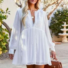 Nwot Size S Very Pretty Partially Lined Perfect For Vacation Flowy White Mini Dress For Beach Cover-up, Long Sleeve Dress For Brunch On Vacation, Long Sleeve Dresses For Brunch On Vacation, Long Sleeve Dress For Brunch And Vacation, Breezy White V-neck Mini Dress, Long Sleeve Sundress For The Beach, White Mini Beach Dress For Vacation, Long Sleeve Sundress For Beach, White Mini Length Beach Dress For Vacation