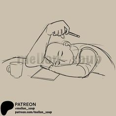 a drawing of a person laying on top of a table next to a coffee cup