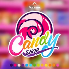 the candy shop logo is displayed on a blurry background