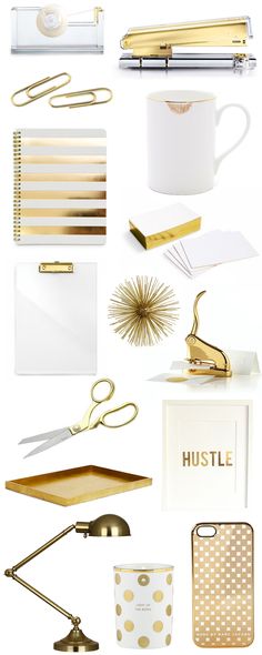 gold and white office supplies with the words hustle on them