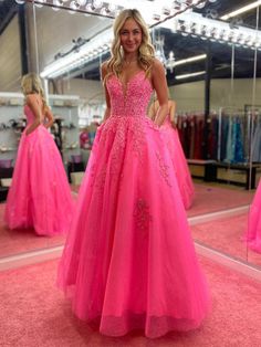 Grad Dresses Hot Pink, Hot Pink Long Prom Dresses, Light Pink Puffy Prom Dress, Prom Dresses 2024 Ball Gown, Gold And Pink Prom Dress, Princess Prom Dresses Pink, Pink Prom Dresses Princess, Bright Pink Prom Dresses Long, Hot Pink Grad Dresses