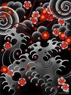 an artistic painting with red flowers and swirls