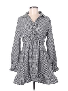 Shein Casual Dress Size: Medium Gray Dresses - used. 100% POLYESTER, Shirtdress, Tie Neck, Houndstooth, Short, Long Sleeve | Shein Casual Dress - Shirtdress: Gray Houndstooth Dresses - Used - Size Medium Casual Gingham Mini Dress For Fall, Casual Gingham Long Sleeve Dress, Casual Gingham Plaid Long Sleeve Dress, Casual Long Sleeve Gingham Dress, Casual Long Sleeve Plaid Dress In Gingham Pattern, Casual Long Sleeve Gingham Plaid Dress, Fall Gingham Mini Dress, Long Sleeve Gingham Dress For Work, Spring Gingham Mini Dress With Long Sleeves