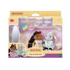 two stuffed animals are in the packaging for play friends set, including a mirror and dressing table