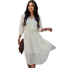 White V Neck 3/4 Sleeve Slim Waist Chiffon Dress Chiffon Long Sleeve Midi Dress For Daywear, Chiffon Midi Dress With Long Sleeves For Daywear, Elegant Midi Length Chiffon Dress For Day Out, Chiffon Long Sleeve Midi Dress For Work, Spring Chiffon Midi Dress For Work, Spring Workwear Chiffon Midi Dress, Knee-length Chiffon Midi Dress For Daywear, Elegant Half Sleeve Chiffon Dresses, Spring Chiffon Dress For Work