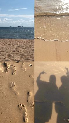 two pictures with footprints in the sand and one has a person's shadow on it