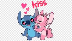 two cartoon characters kissing each other with the words kiss in pink and blue on them