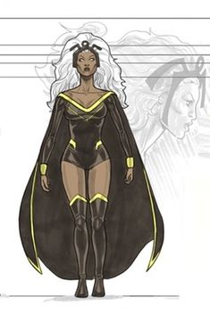 a drawing of a woman dressed in black and yellow with long white hair wearing a cape