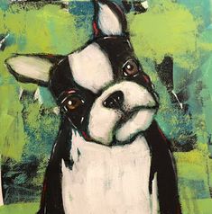 a painting of a black and white boston terrier dog on a green background with red eyes