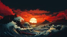 the sun is setting over an ocean with waves and mountains in the background, as well as clouds