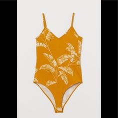 Brand New With Tags Yellow Printed Beachwear Bodysuit, Yellow Printed Bodysuit For The Beach, Casual Yellow Bodysuit For Beach, Casual Yellow Bodysuit For The Beach, Yellow Bodysuit For Poolside Spring Occasions, Fitted H&m Bodysuit For Summer, Yellow Summer Bodysuit, Casual Yellow Sleeveless Bodysuit, Yellow Sleeveless Casual Bodysuit