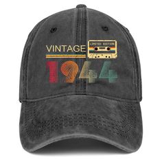 an old school hat with the words vintage and tape recorder printed on it in black